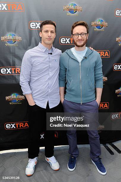 Andy Samberg and Akiva Schaffer visit "Extra" at Universal Studios Hollywood on May 26, 2016 in Universal City, California.