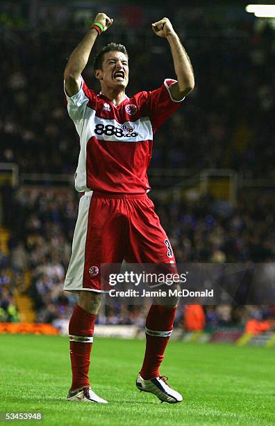 Franck Queudrue of Middlesbrough celebrates his goal during the Barclays Premiership match between Birmingham City and Middlesbrough at St Andrew's...