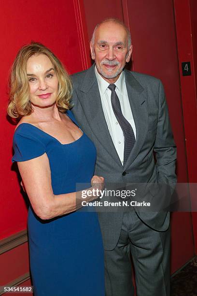 Winners for outstanding actor in a play, Jessica Lange for "Long Day's Journey Into Night" and Frank Langella for "The Father" pose for photographs...