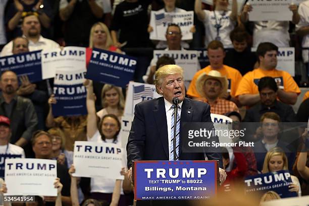 Republican presidential candidate Donald Trump speaks at a rally on May 26, 2016 in Billings, Montana. According to a delegate count released...