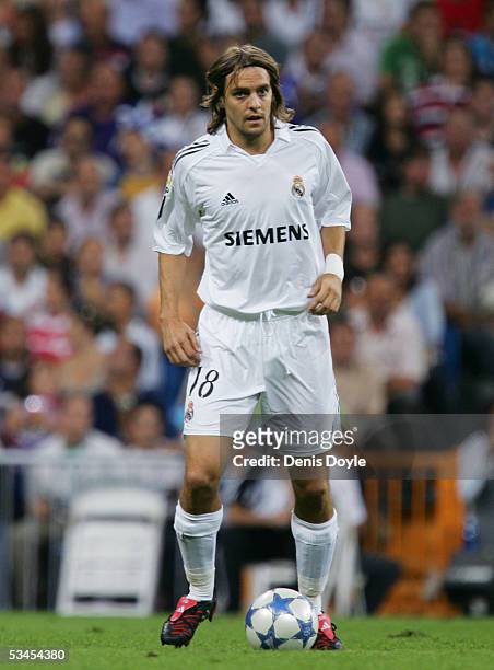 Jonathan Woodgate in action after coming on in the last 5 minutes of a Santiago Bernabeu Trophy friendly soccer match between Real Madrid and a U.S....