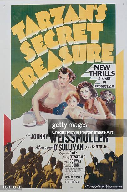 Poster for Richard Thorpe's 1941 action film 'Tarzan's Secret Treasure' starring Johnny Weissmuller and Maureen O'Sullivan.