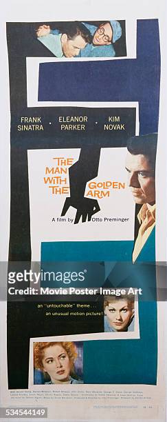Saul Bass designed poster for Otto Preminger's 1955 drama 'The Man with the Golden Arm' starring Frank Sinatra, Kim Novak, and Eleanor Parker.