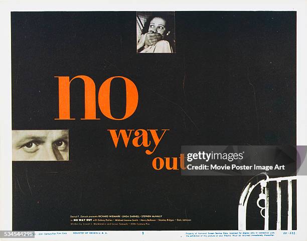 Poster for Joseph L. Mankiewicz's 1950 crime film 'No Way Out' starring Richard Widmark and Linda Darnell.