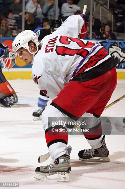 Eric Staal of the Bridgeport Sound Tigers waits for the drop of the puck during a face off against the Lowell Lock Monsters in a game at the Arena at...