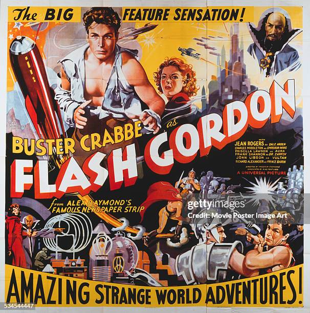 Poster for Frederick Stephani's 1936 action film 'Flash Gordon' starring Buster Crabbe, Jean Rogers, and Charles Middleton.
