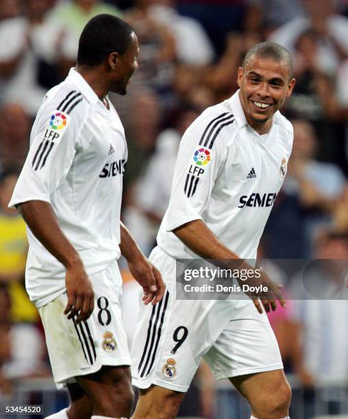 Ronaldo and Julio Baptista celebrate after Ronaldo scored a goal during a Santiago Bernabeu Trophy friendly soccer match between Real Madrid and a...