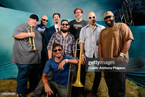 Portrait of Brownout, AKA Brown Sabbath, featuring members of Grupo Fantasma, backstage at Pickathon Festival in Happy Valley, Oregon, USA on 3rd...