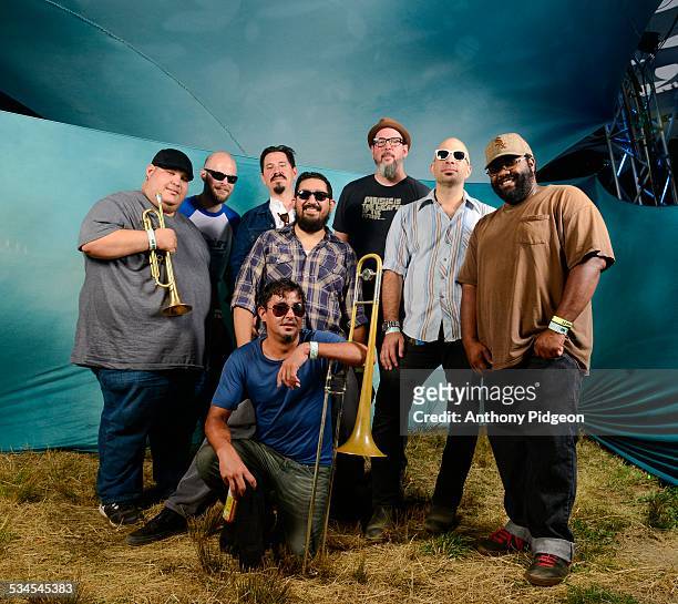 Portrait of Brownout, AKA Brown Sabbath, featuring members of Grupo Fantasma, backstage at Pickathon Festival in Happy Valley, Oregon, USA on 3rd...