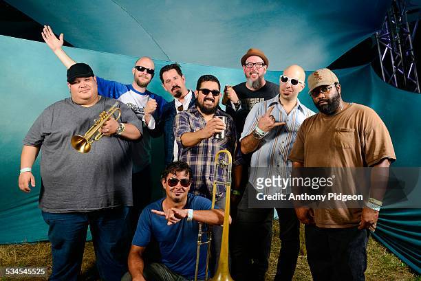 Portrait of Brownout, AKA Brown Sabbath, featuring members of Grupo Fantasma, backstage at Pickathon Festival in Happy Valley, Oregon, USA on 3rd...