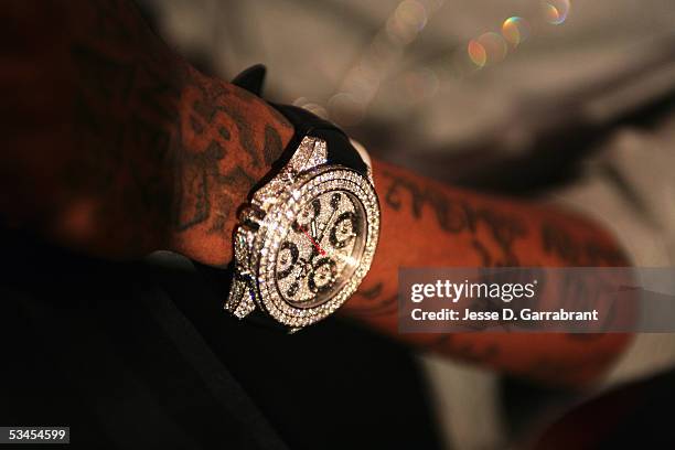Detail of a watch worn by Allen Iverson of the Philadelphia 76ers is seen during a press conference to announce the signing of Kyle Korver and Samuel...