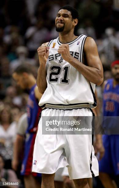 Tim Duncan of the San Antonio Spurs celebrates a basket in the fourth quarter of the game against the Detroit Pistons in Game seven of the 2005 NBA...