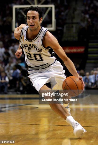 Manu Ginobili of the San Antonio Spurs drives to the basket in the first half of the game against the Detroit Pistons in Game seven of the 2005 NBA...