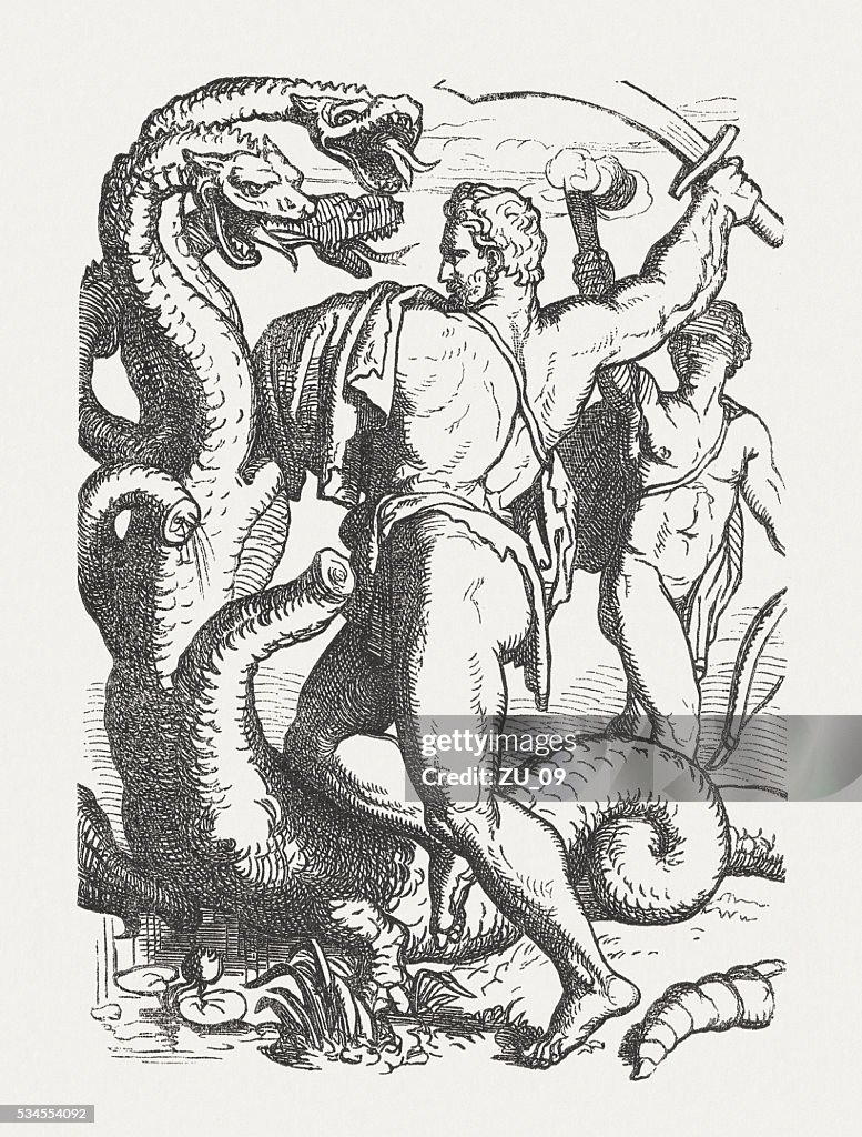 Hercules slaying the Hydra, Greek mythology, wood engraving, published 1880