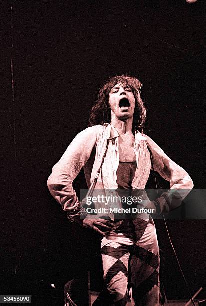 Musician Mick Jagger of The Rolling Stones performs on stage in 1976 in Paris, France.