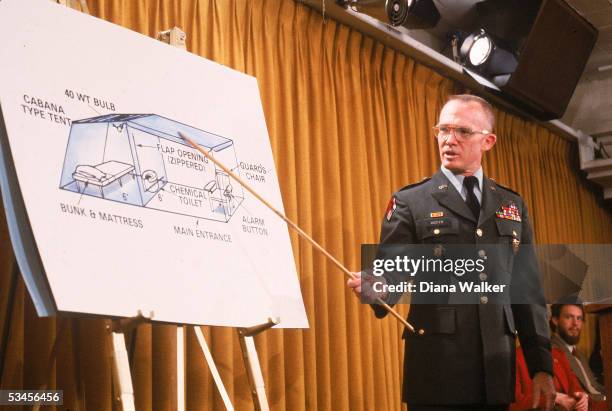 American soldier Brigadier General James Dozier speaks at a Pentagon press conference shortly after returning from Italy where he had been held...