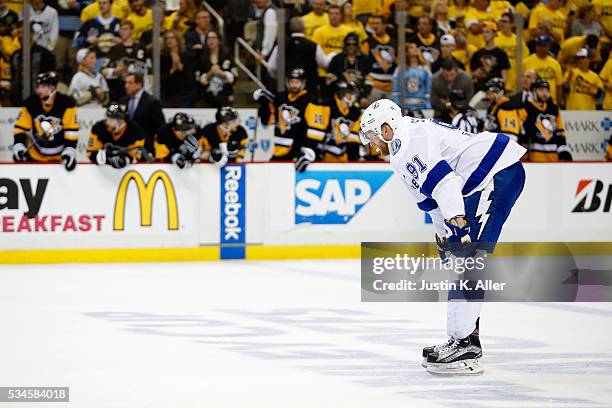 Steven Stamkos of the Tampa Bay Lightning looks on against the Pittsburgh Penguins during the third period in Game Seven of the Eastern Conference...