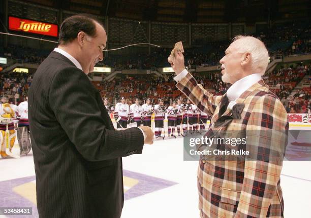 John Davidson, left, and Don Cherry meet prior to the Top Prospects game at the Pacific Coloseum on January 19, 2005 in Vancouver, British Columbia,...