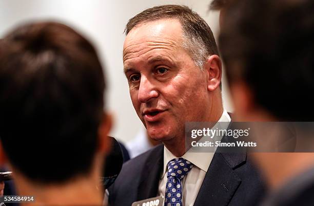 Prime Minister of New Zealand the Right Honourable John Key talks to media on May 27, 2016 in Auckland, New Zealand. Finance Minister Bill English...