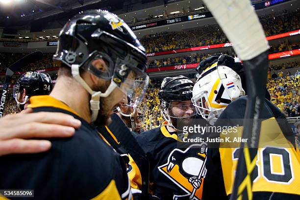 Matt Murray of the Pittsburgh Penguins celebrates with his teammates after defeating the Tampa Bay Lightning in Game Seven of the Eastern Conference...