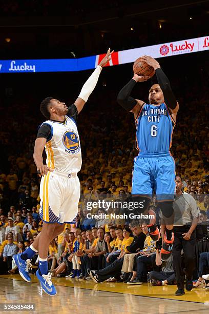 Randy Foye of the Oklahoma City Thunder shoots against the Golden State Warriors during Game Five of the Western Conference Finals during the 2016...