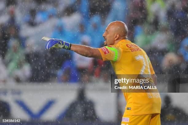 Pachuca's goalkeeper Oscar Perez gestures during their Mexican Clausura 2016 Tournament first leg final football match against Monterrey at the...