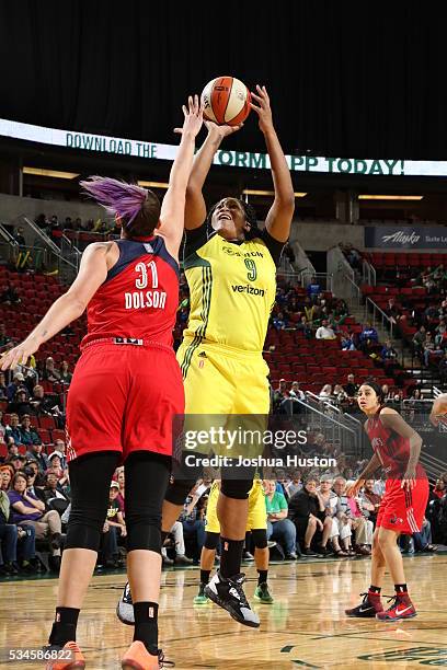Markeisha Gatling of the Seattle Storm shoots against Stefanie Dolson of the Washington Mystics during the game on May 26, 2016 at Key Arena in...