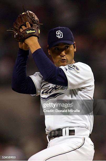 Starting Pitcher Chan Ho Park of the San Diego Padres pitches against the Houston Astros on August 24, 2005 at Petco Park in San Diego, California.