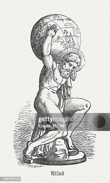 atlas, figure of the greek mythology, wood engraving, published 1880 - sculpture stock illustrations