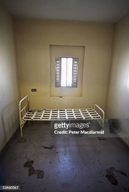 Bed without a mattress is seen in a cell awaiting refurbishment in the healthcare centre of Norwich Prison on 25 August, 2005 in Norwich. Prison...