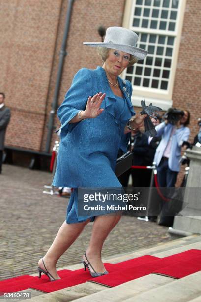 Dutch Queen Beatrix arrives for the civil wedding ceremony of Prince Pieter Christiaan and Anita van Eijk at The Loo Palace on August 25 2005 in...