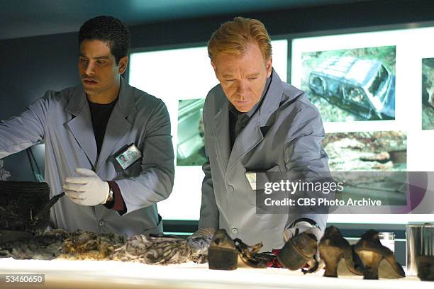 Ashes to Ashes" -- Delko and Horatio investigate the charred remains of a pregnant female victim and recover a diamond ring from her stomach, on CSI:...