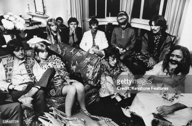 The Beatles and friends give an audience to the Maharishi Mahesh Yogi, 4th September 1967. From left to right; Paul McCartney, Jane Asher, Patti...