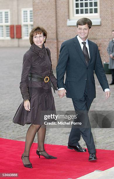Dutch Prime Minister Jan Peter Balkende and his wife arrive for the civil wedding ceremony of Prince Pieter Christaan and Anita van Eijk at The Loo...