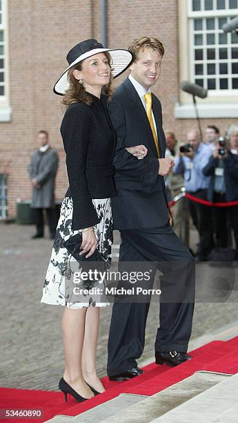 Dutch Prince Floris and Aimee Sohngen, who will get married in October, arrive for the civil wedding ceremony of Prince Pieter Christaan and Anita...