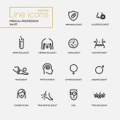 Medical profession simple thin line design icons, pictograms set