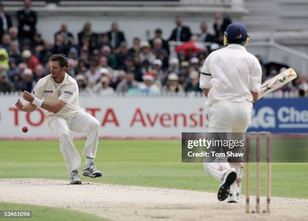 Michael Kasprowicz of Australia fails to catch Kevin Pietersen of England off his own bowling during day one of the Fourth npower Ashes Test match...