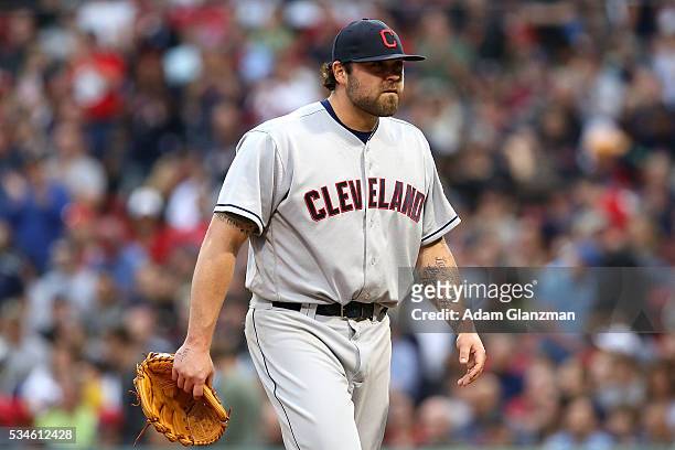 Joba Chamberlain of the Cleveland Indians is taken out of the game after giving up a grand slam to Mookie Betts of the Boston Red Sox in the seventh...
