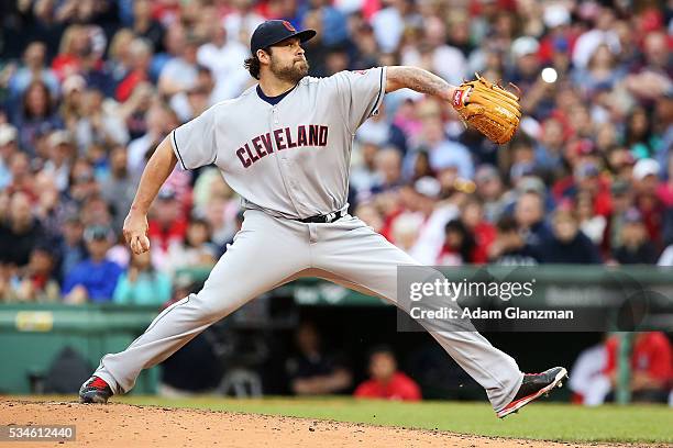 Joba Chamberlain of the Cleveland Indians delivers in the seventh inning during the game against the Boston Red Sox at Fenway Park on May 21, 2016 in...