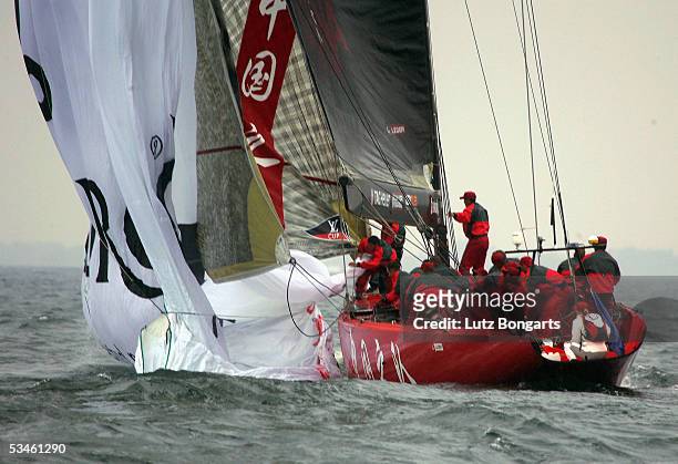 The Team China's spinaker falls in the water during the Louis Vuitton Act 6 on August 25, 2005 in Malmo, Sweden.
