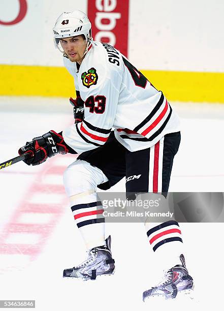 Viktor Svedberg of the Chicago Blackhawks plays in the game against Philadelphia Flyers at Wells Fargo Center on October 14, 2015 in Philadelphia,...