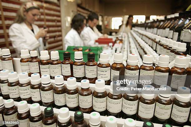 Staff at Ainsworth Pharmacy make up homeopathic remedies on August 26, 2005 in London. British medical journal The Lancet has attacked the use of...