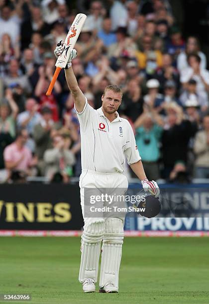 Andrew Flintoff of England celebrates after making a century during day two of the Fourth npower Ashes Test between England and Australia played at...