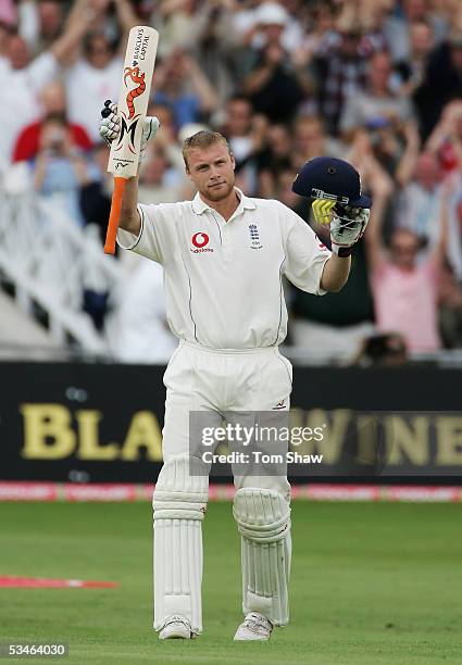 Andrew Flintoff of England celebrates after making a century during day two of the Fourth npower Ashes Test between England and Australia played at...