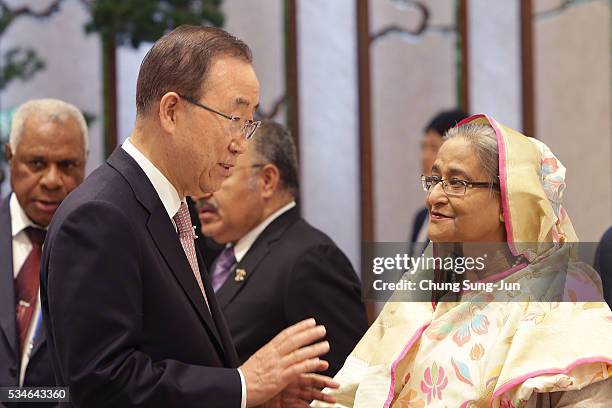 United Nations Secretary-General Ban Ki-Moon talks with Bangladesh Prime Minister Sheikh Hasina during a "Outreach Session" on May on May 27, 2016 in...