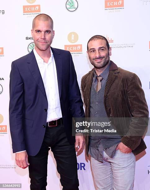 Hamburg, GERMANY Vince Bahrdt and Volkan Baydar attend the Echo Jazz 2016 - Arrivals on May 26, 2016 in Hamburg, Germany.