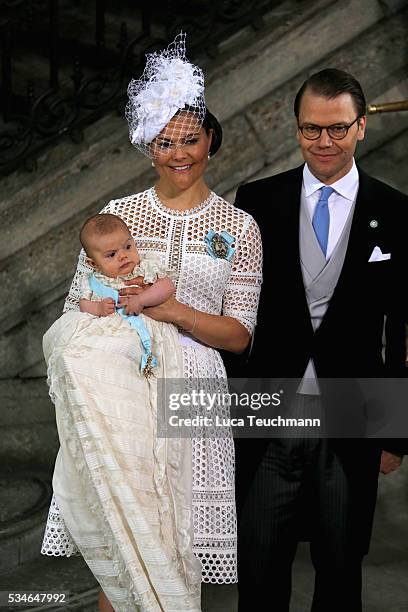 Crown Princess Victoria of Sweden and Prince Oscar of Sweden and Prince Daniel of Sweden are seen at The Royal Palace for the Christening of Prince...