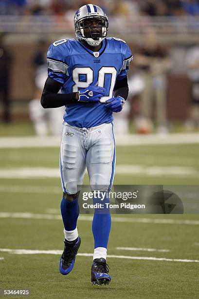 Wide receiver Charles Rogers of the Detroit Lions moves into position during the preseason game against the Cleveland Browns on August 20, 2005 at...