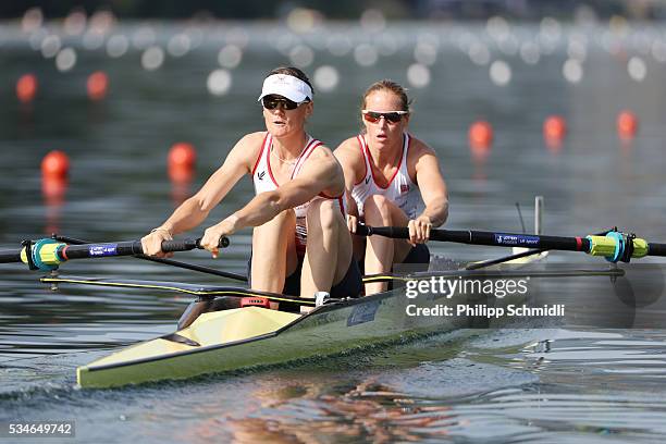 Helen Glover and Heather Stanning of Great Britain compete in the Women's Pair heats during day 1 of the 2016 World Rowing Cup II at Rotsee on May...