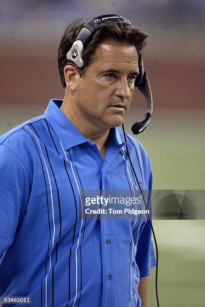 Head coach Steve Mariucci of the Detroit Lions watches the action from the sideline during the preseason game against the Cleveland Browns on August...